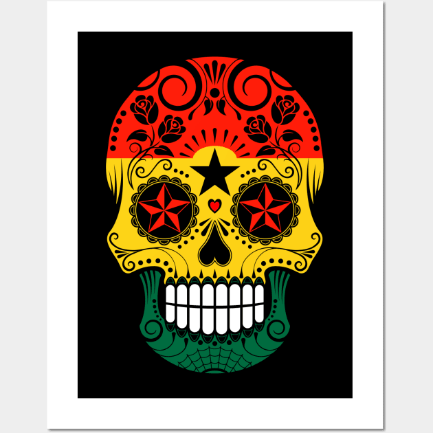 Ghana Flag Sugar Skull with Roses Wall Art by jeffbartels